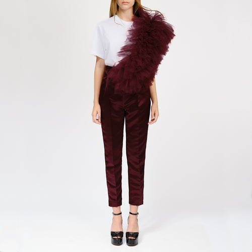 Regular Tee With Asymmetric Tulle Panel In Burgundy