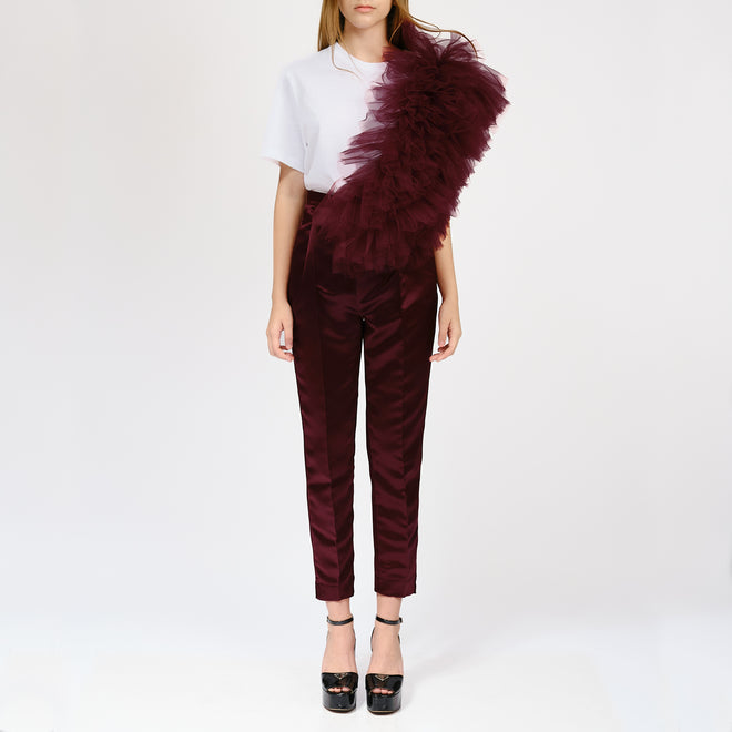 Regular Tee With Asymmetric Tulle Panel In Burgundy