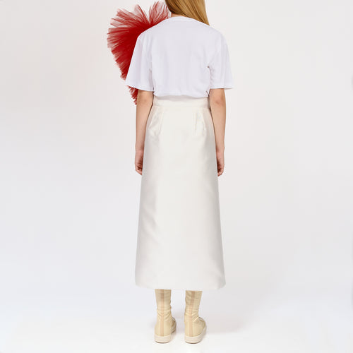 Regular Tee With Asymmetric Tulle Panel In Red