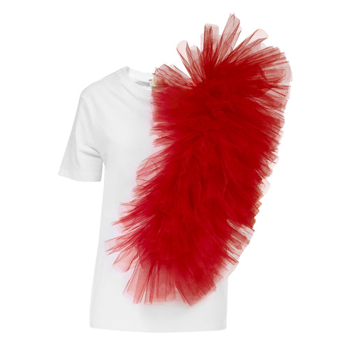 Regular Tee With Asymmetric Tulle Panel In Red