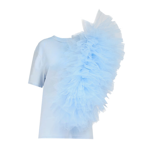 Regular Tee With Asymmetric Tulle Panel In Blue