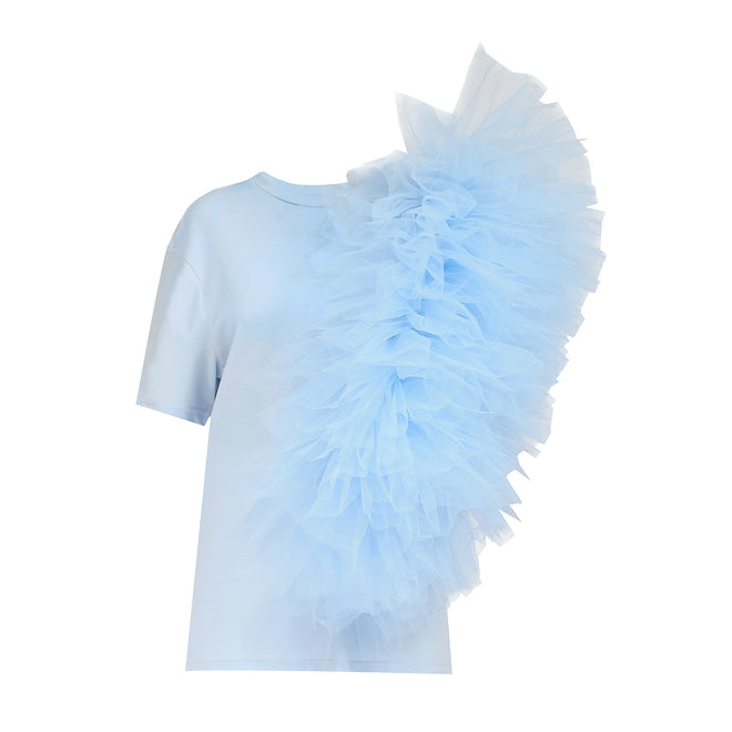 Regular Tee With Asymmetric Tulle Panel In Blue