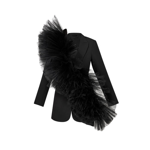 Tulle-Adorned Black Blazer