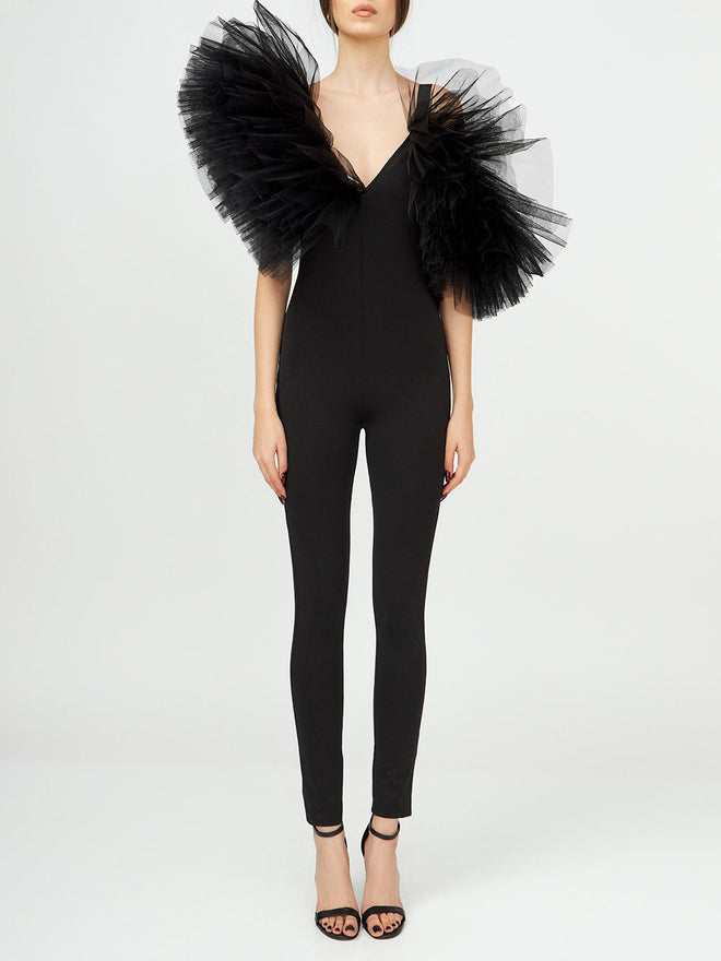 Asymmetric Tulle Ruffle Jumpsuit