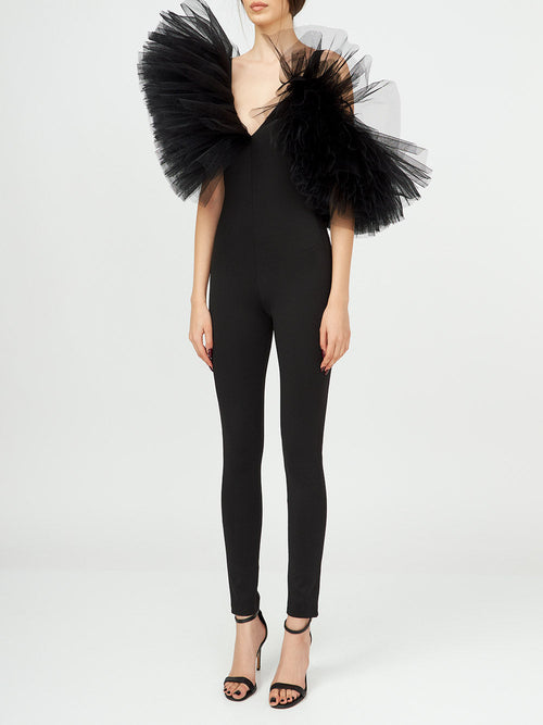 Asymmetric Tulle Ruffle Jumpsuit