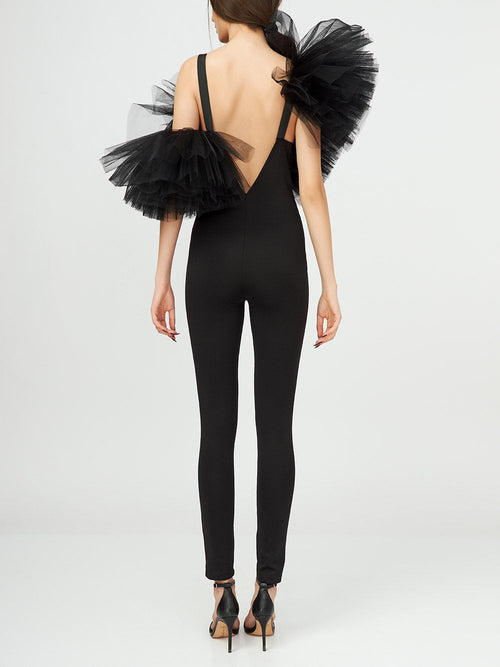 Asymmetric Tulle Ruffle Jumpsuit
