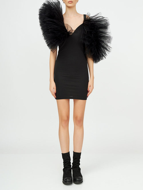 Asymmetric Tulle Ruffle Mini Dress